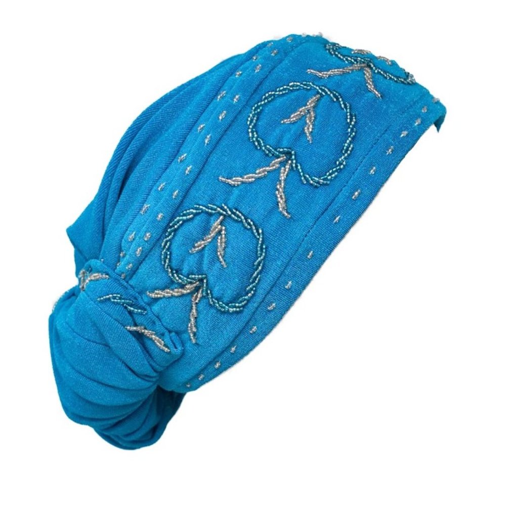 Turquoise Hand Woven Turban with Apple Embroidery